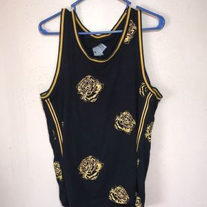 Original Gravity black tank top with gold rose print & racing stripes size M